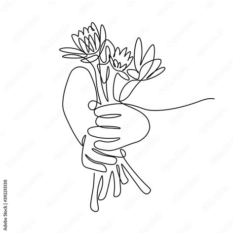 Flower T In Hands In Continuous Line Art Drawing Style Human Hands