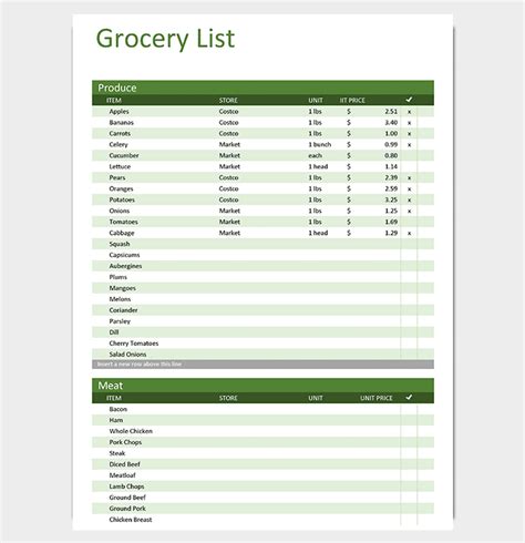 Editable Grocery List Template Excel