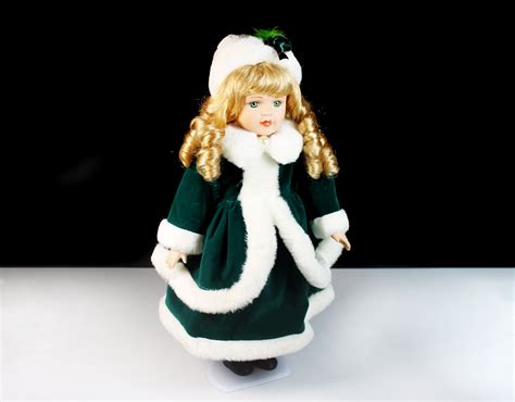 Porcelain Doll Green Velvet Dress Victorian 16 Inch Doll Display
