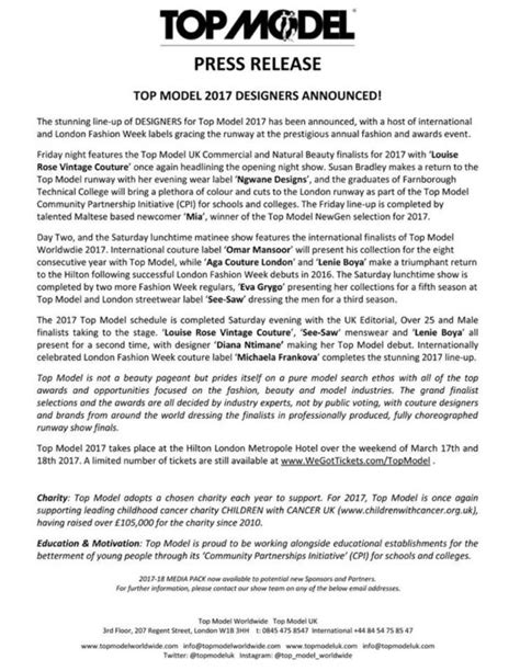 Top Model Uk 2017 Press Release Designers Announced