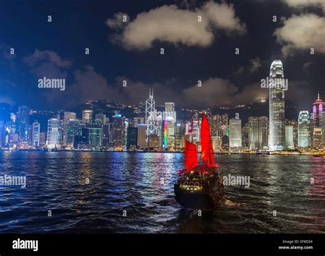 Night View Of Victoria Harbour Hong Kong With Junk Stock Photo Alamy