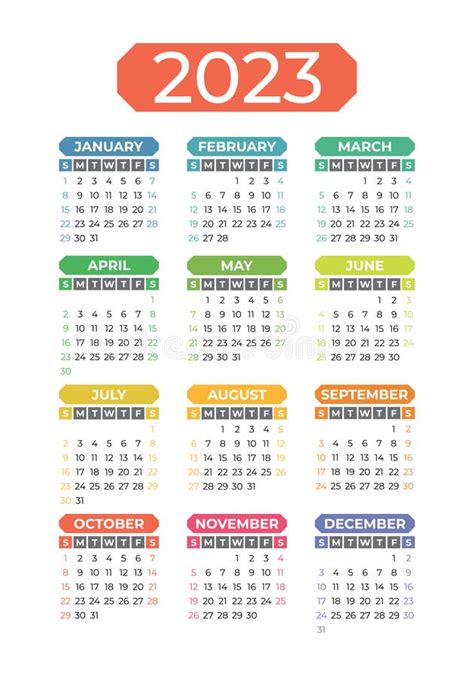 Calendar Design 2023 Year English Colorful Vector Vertical Wall Or