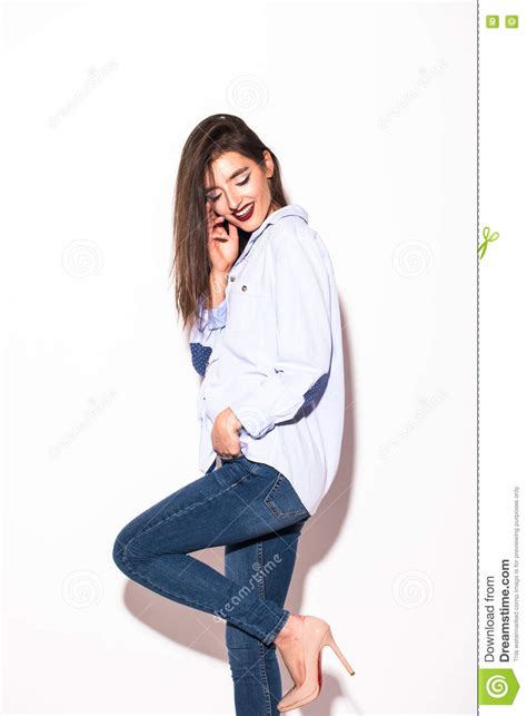 Brunette Woman Girl In Casual Blue Hipster Summer Clothes With No