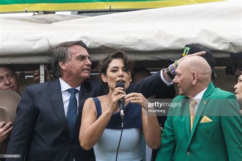 first lady michelle bolsonaro speaks next to jair bolsonaro brazil s news photo getty images