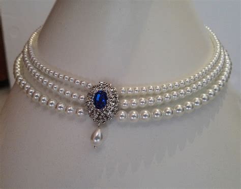 Sapphire Necklace Wedding Pearl Bridal Choker Pearl Rhinestone Etsy