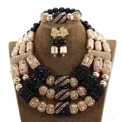 Charms Black And Gold Crystal Statement Necklace Set Dubai Bridal Costume Women Jewelry Set Gold
