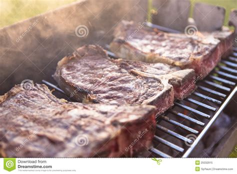 Build a fire (or turn on burners) on just one side of the grill. T-Bone steaks on the grill stock image. Image of picnic ...