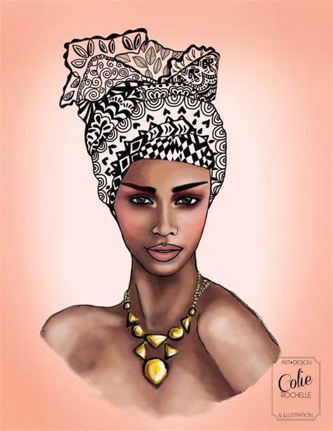 African Queen Woman Illustration Colorful Geometric Head Wrap Crown Mod