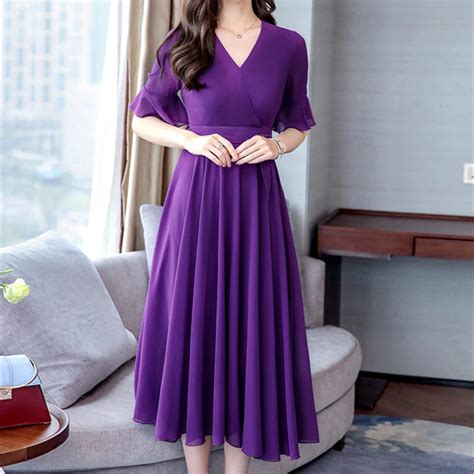 Korea New Purple Solid Chiffon Boho Beach Dress Women 2019 Summer V Neck Flare Sleeve Big Swing