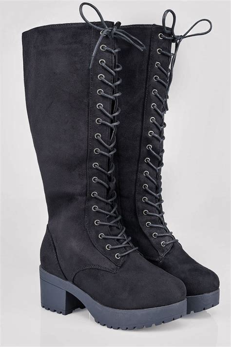 Black Knee High Lace Up Heeled Boot In Eee Fit 4eee 5eee 6eee 7eee 8eee 9eee 10eee