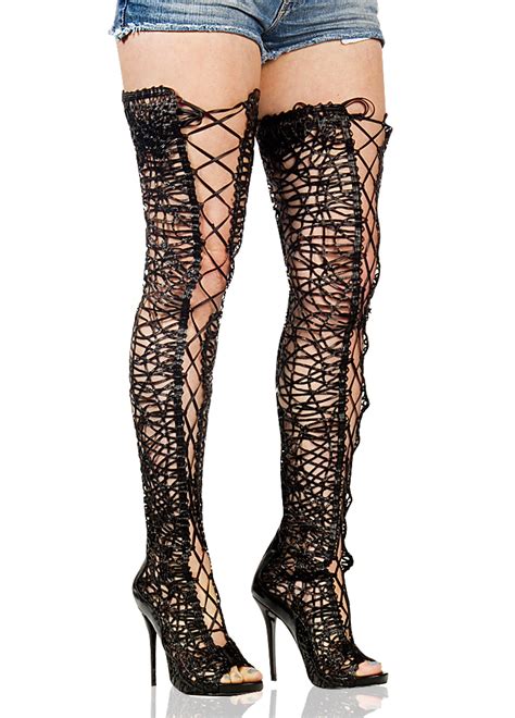 Fly Lace Up Thigh High Heel In Black