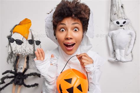 Surprised Scared Fearful Woman Holds Carved Pumpkin Cannot Believe Her