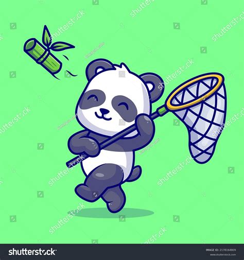 Cute Panda Catching Bamboo Fishing Net Stock Vector Royalty Free