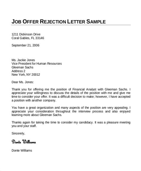 Write Job Offer Rejection Letter Letter Rejecting A Job Offer Decline