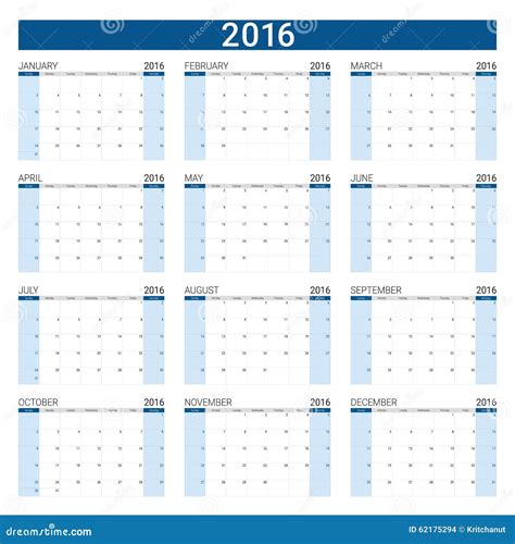 De Kalender Van 2016 12 Maanden Vector Illustratie Illustration Of