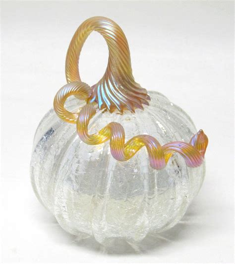 Art Glass Sculpture Large Blown Glass Pumpkin With Crackle Effect And