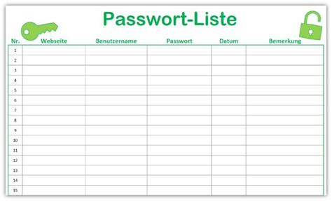Auf der liste sollten die wichtigsten rufnummern eingetragen werden. Vorlage Passwort-Liste / Kennwort-Liste | Passwort liste ...