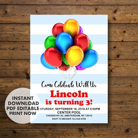 Balloon Birthday Invitation Balloons Invitation Instant Download