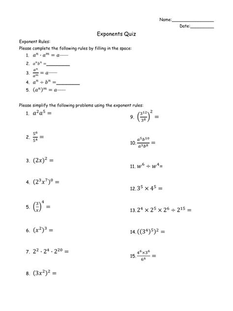 Exponent Worksheet Answers