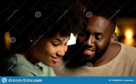 Shy Afro American Couple On Night Date Tender Feelings Trust And
