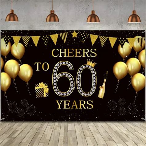 Happy 60th Birthday Party Backdrop Banner Extra Large Fabric Black