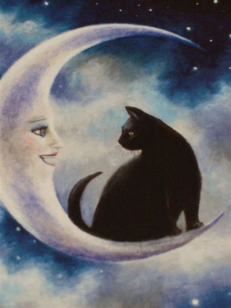 Cat Moon Postcard Great Glossy Color Moon Art Cat Art Cat Painting