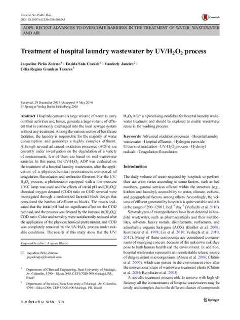 Pdf Treatment Of Hospital Laundry Wastewater By Uvh2o2 Process