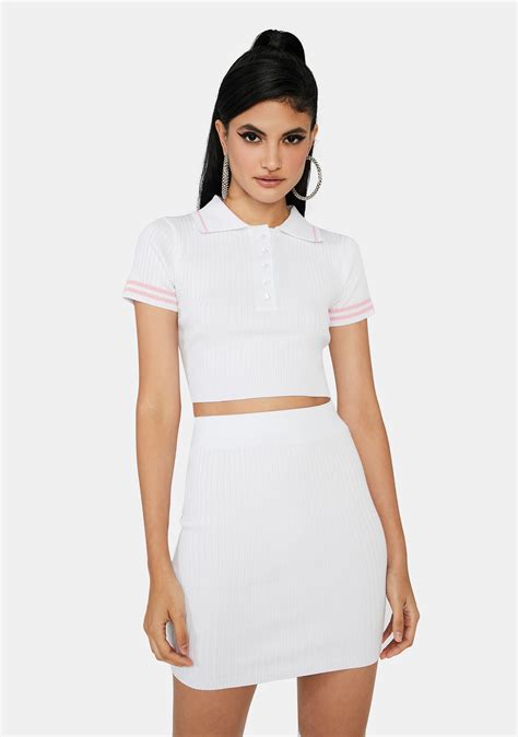 Crop Polo Bodycon Mini Skirt Set White Dolls Kill