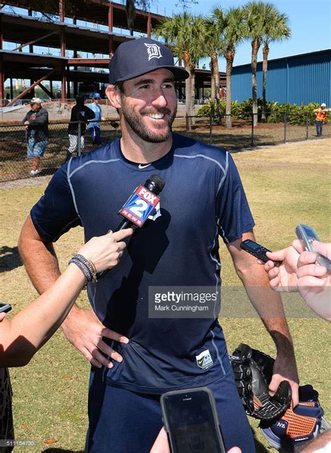 Justin Verlander Of The Detroit Tigers Looks On And Smiles While