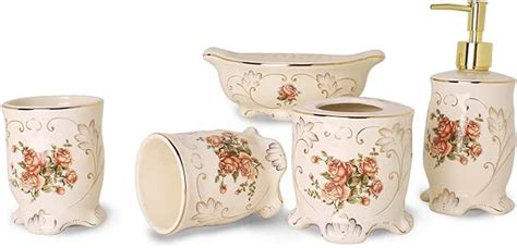 Yalong 5 Piece Red Rose Floral Ceramic Bathroom Accessory