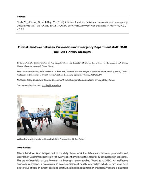 Pdf Clinical Handover Between Paramedics And Emergency Department