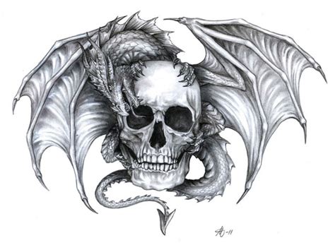 Grey Ink Dragon Sitting On Human Skull Tattoo Design Tattooimagesbiz