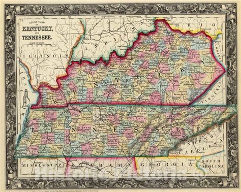 Historic Map 1860 County Map Of Kentucky And Tennessee Vintage Wall