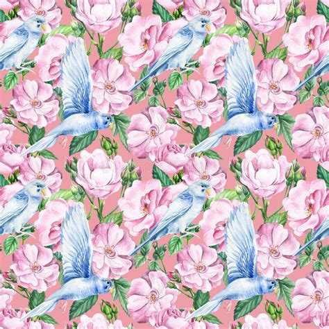 Seamless Patterns Of Tropical Birds And Flowers Roses And Parrots On