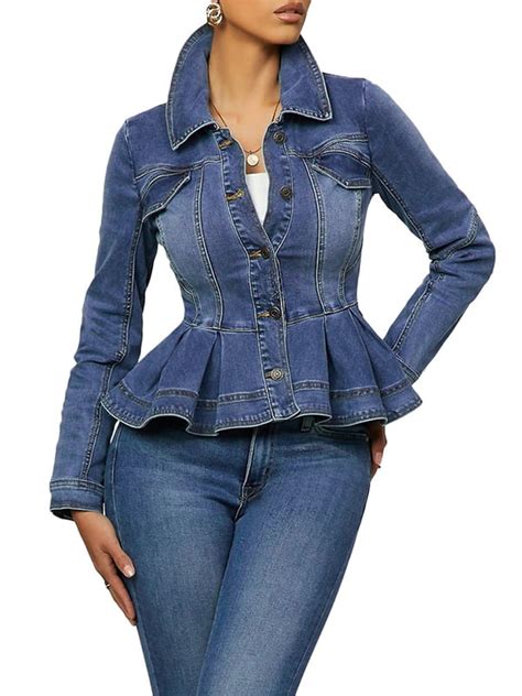 Julycc Women Denim Jacket Ruffled Frill Slim Fit Button Jeans Short