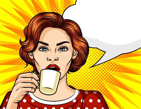 Pop Art Young Beautiful Woman Drinking Coffee Cafe Stock Illustrations
