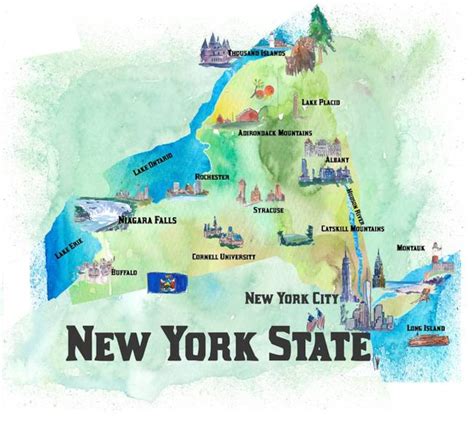 Usa New York State Travel Poster Map With Tourist Highlights Etsy