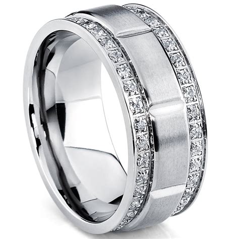 Ringwright Co Mens Titanium Wedding Band Ring With Double Row Cubic Zirconia Comfort Fit