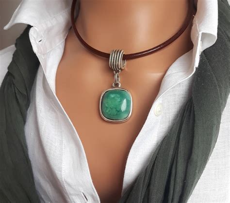 Large Turquoise Pendant Leather Choker For Women Silver Etsy