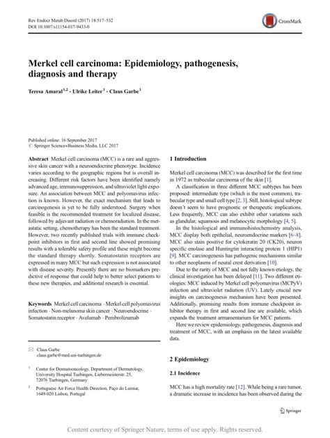 Merkel Cell Carcinoma Epidemiology Pathogenesis Diagnosis And