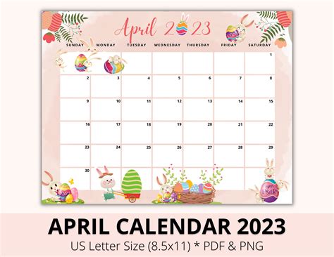 Editable Easter Calendar 2023 April 2023 Monthly Calendar Etsy Uk