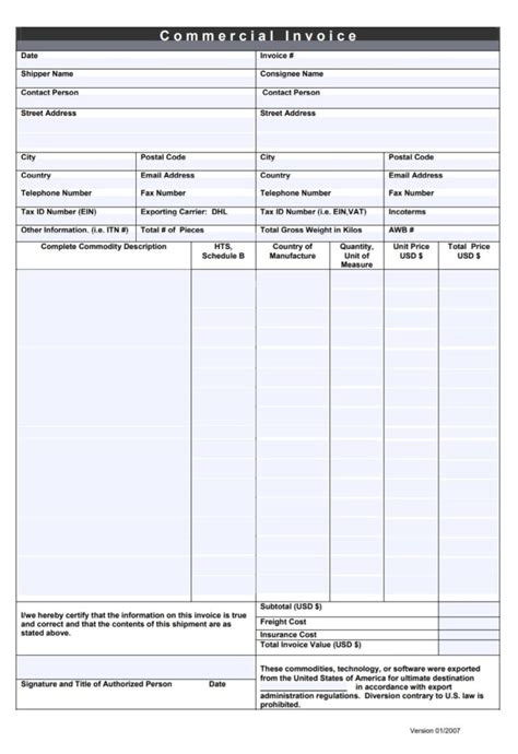 Commercial Invoice Template Free Word Templates