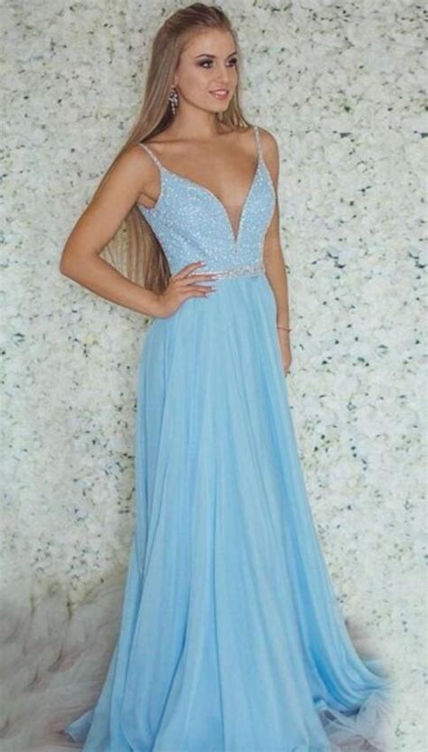 A Line Blue V Neck Prom Dress Chiffon Prom Dresses Long Sexy Evening Dresses Cheap Prom Dress