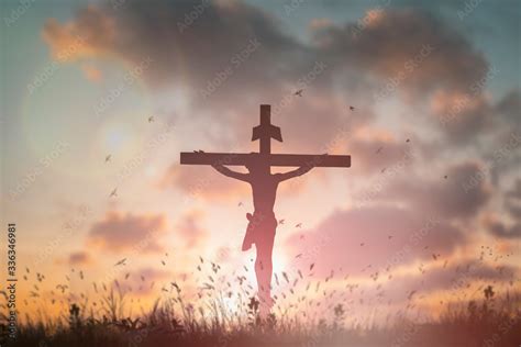 Silhouette Jesus Christ Death On Cross Crucifixion On Calvary Hill In