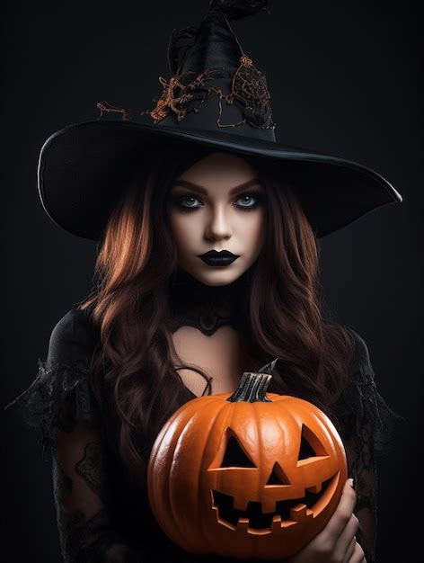 Premium Ai Image Halloween Witch Holding A Pumpkin And A Broom