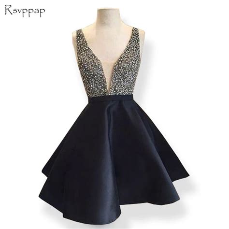 cute v neck sleeveless 8th grade prom dresses beaded crystals black short homecoming dress 2018