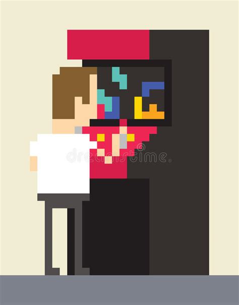Pixel Art Image Of Gamer Playing On Retro Arcade Machine Stock Vector