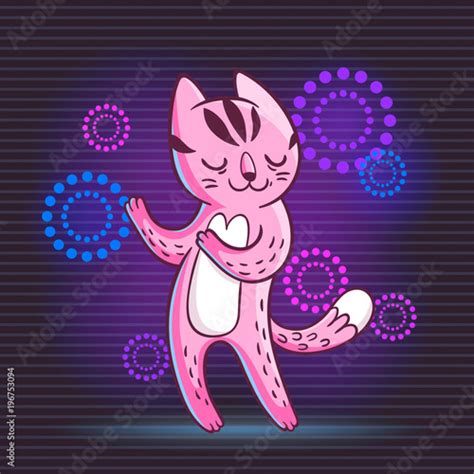 Vector Hand Drawn Illustration Of Funny Dancing Cat On Disco Party