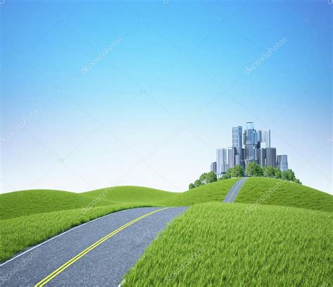 Background Landscape Green Hills With Tree And Cityscape Stock Photo