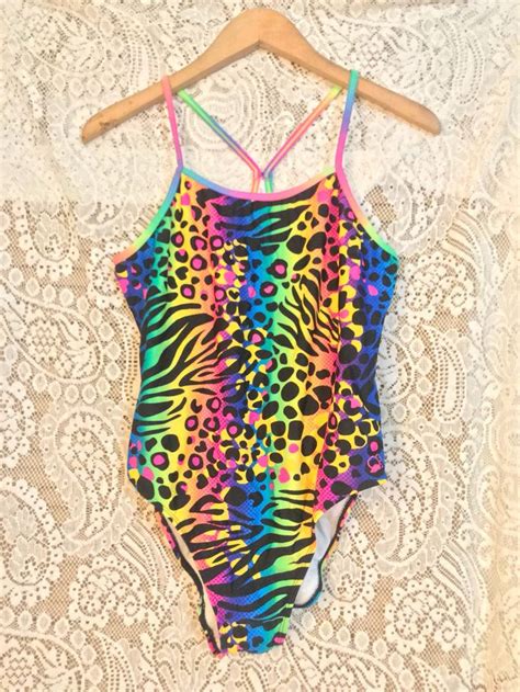 1990s Neon Rainbow Animal Print Swim Suit Lisa Frank Inspired